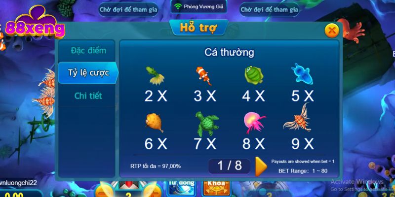 Bảng trả thưởng chi tiết trong Bombing Fishing